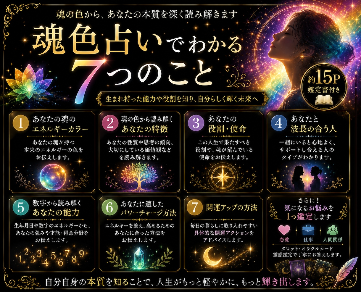 魂の色からあなたの才能・使命・役割を読み解きます ソウルカラー強み・能力・相性・開運法を約15P鑑定書でお届け イメージ3