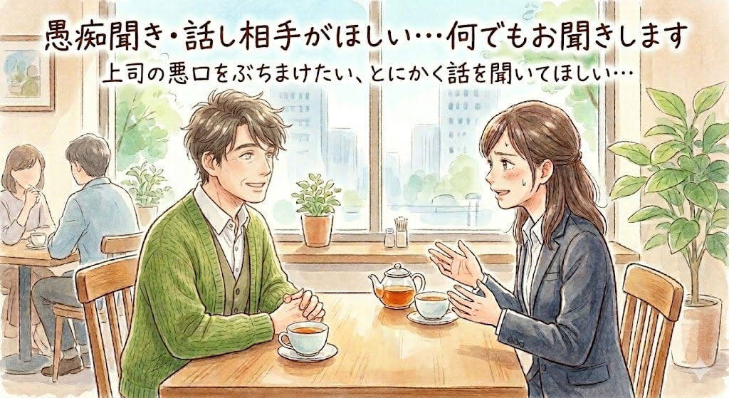 愚痴聞き・話し相手がほしい…何でもお聞きします 上司の悪口をぶちまけたい、とにかく話を聞いてほしい・・・ イメージ1