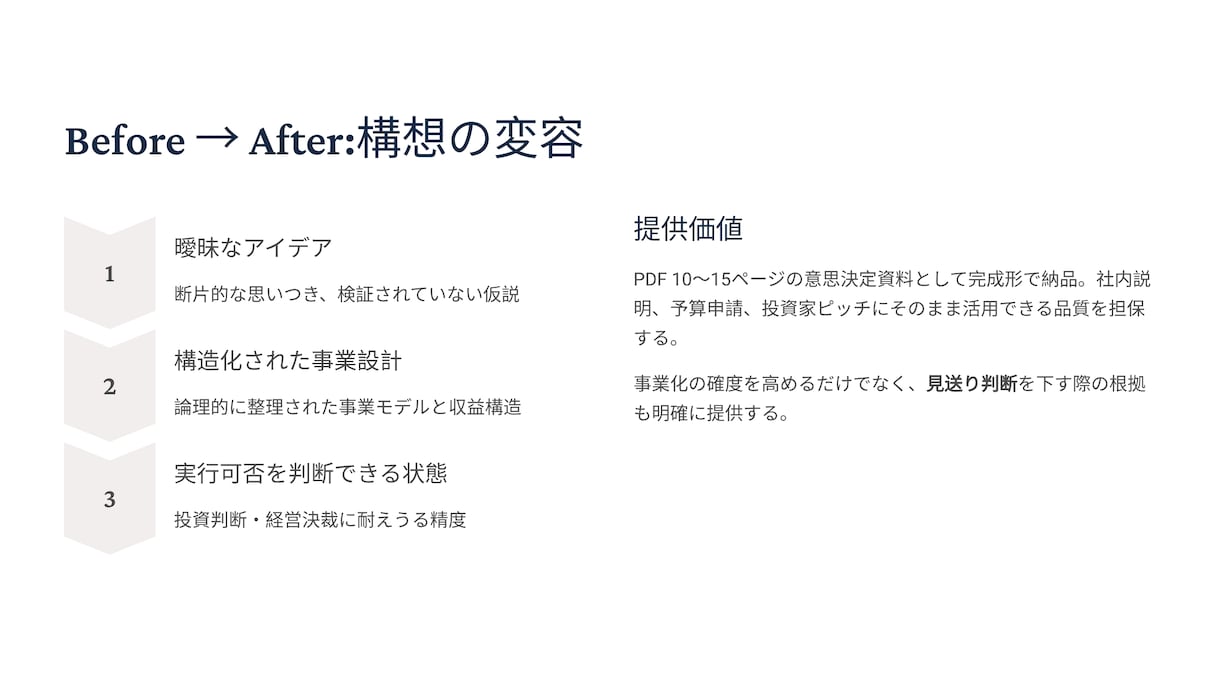 新規事業構想を事業化判断レベルに整理ます 経営判断に直結する資料を納品します イメージ3
