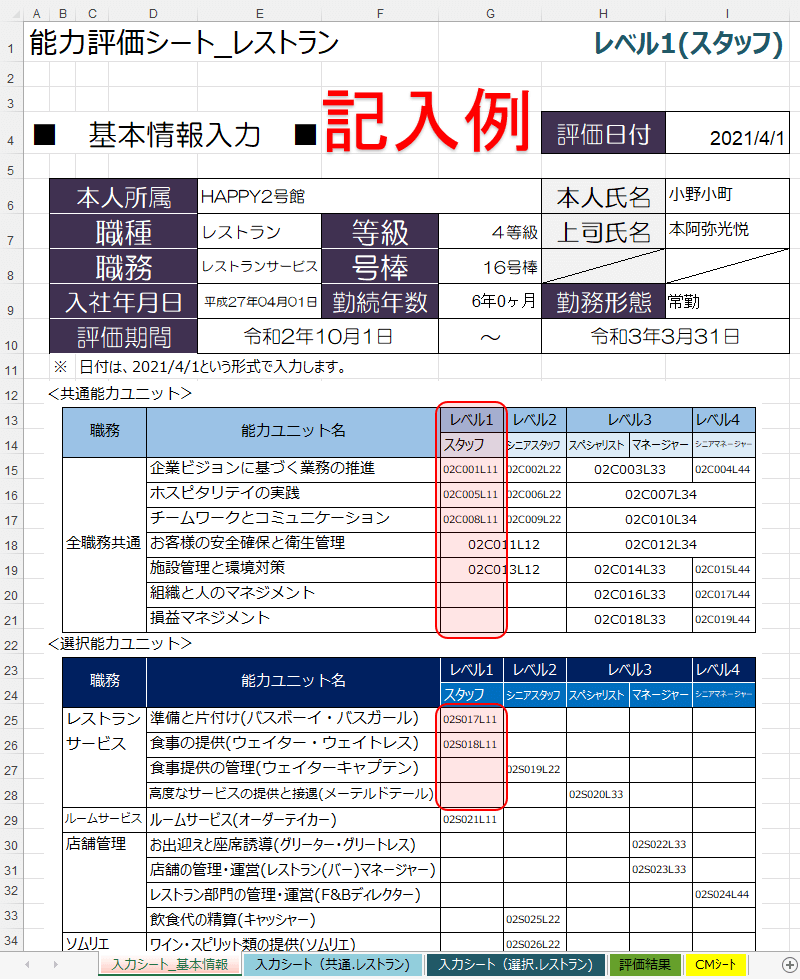 能力評価シート(ホテル業/レストラン)を販売します 「職業能力評価基準(厚生労働省)」を収録した評価シートです。 イメージ2