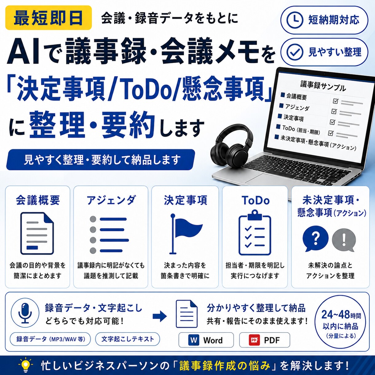 議事録・会議メモを整理・要約します 音声データ・会議メモを整理し、そのまま共有・報告ができます イメージ1