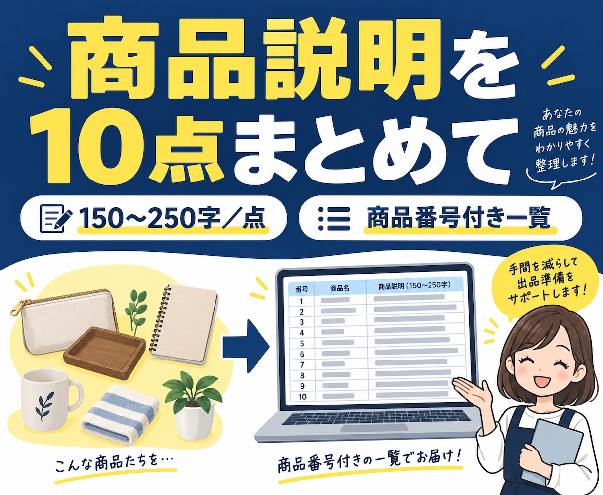 商品10点の説明文をまとめて整えます 仕様に沿う150〜250字。商品番号付き一覧で納品 イメージ1