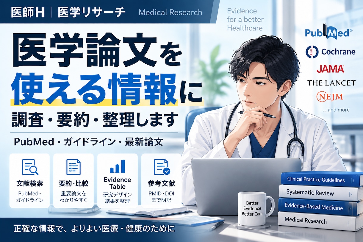 医学論文を調査しエビデンスを整理します 医師がPubMed・ガイドラインを確認し出典付きで納品 イメージ1