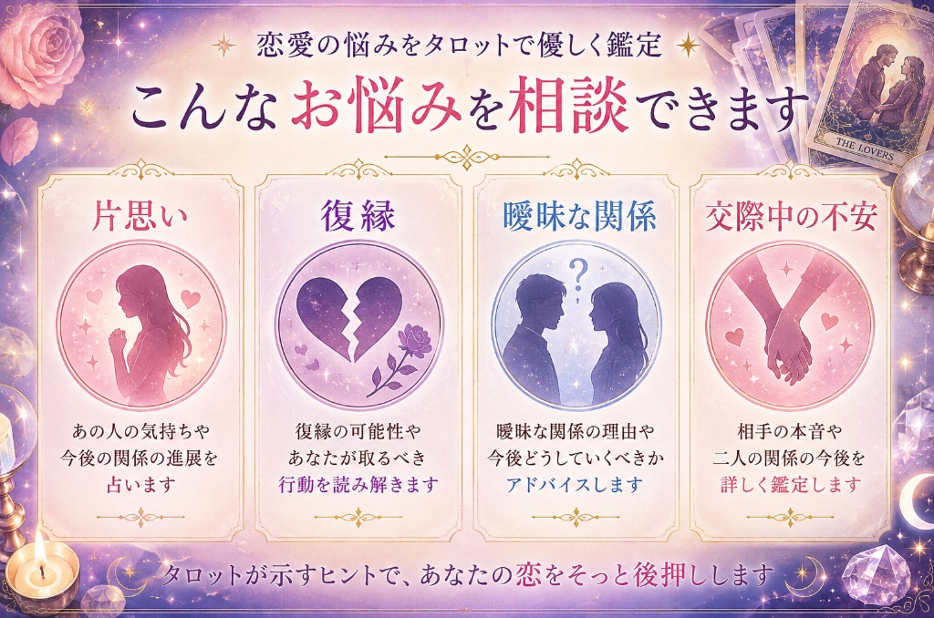 恋愛の悩みをタロットで丁寧に鑑定します 相手の気持ちと今後の流れを優しく読み解きます イメージ2
