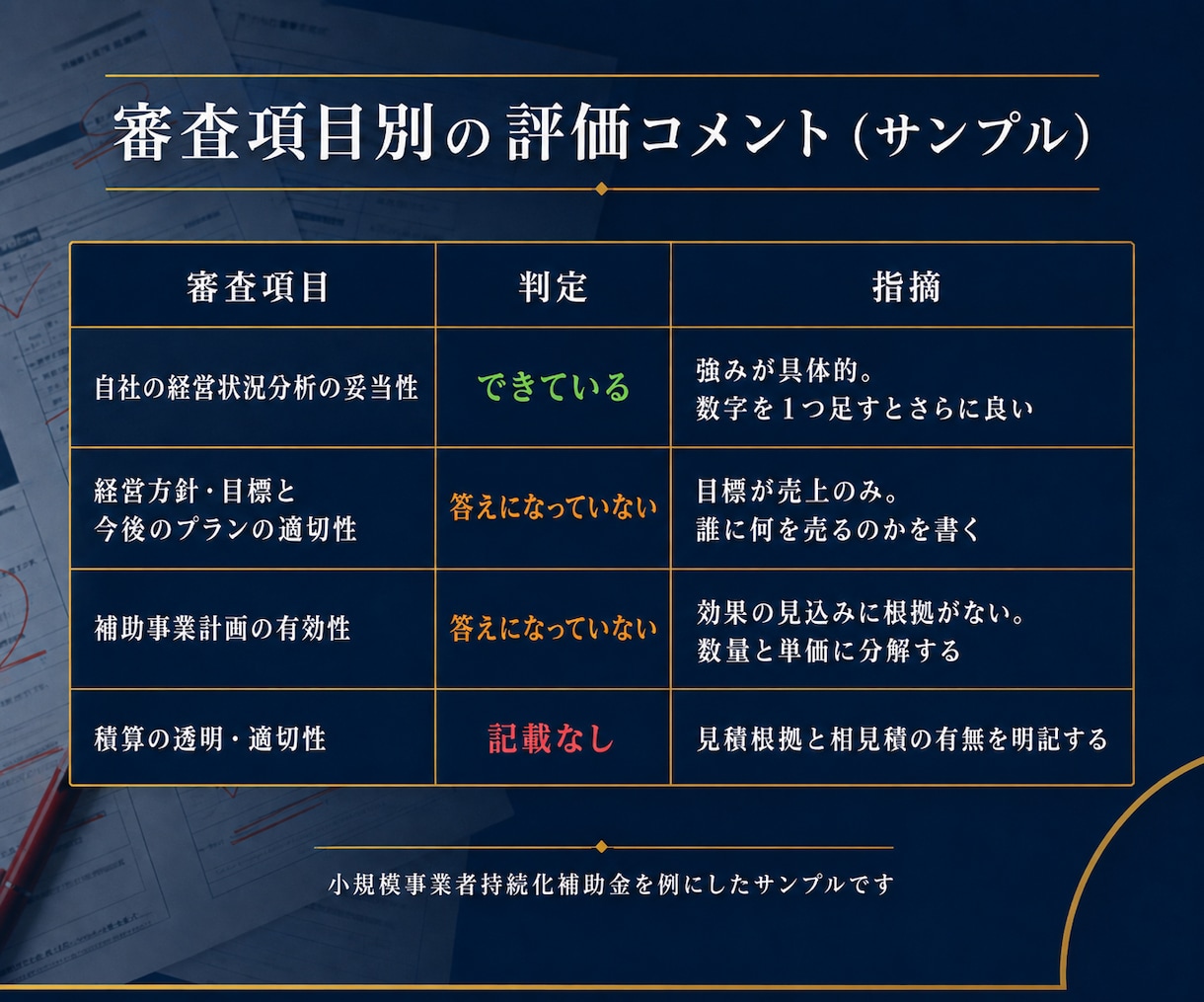 補助金申請書を添削して採択される可能性を上げます 審査項目ごとに判定｜加点の取りこぼしまで確認します イメージ5