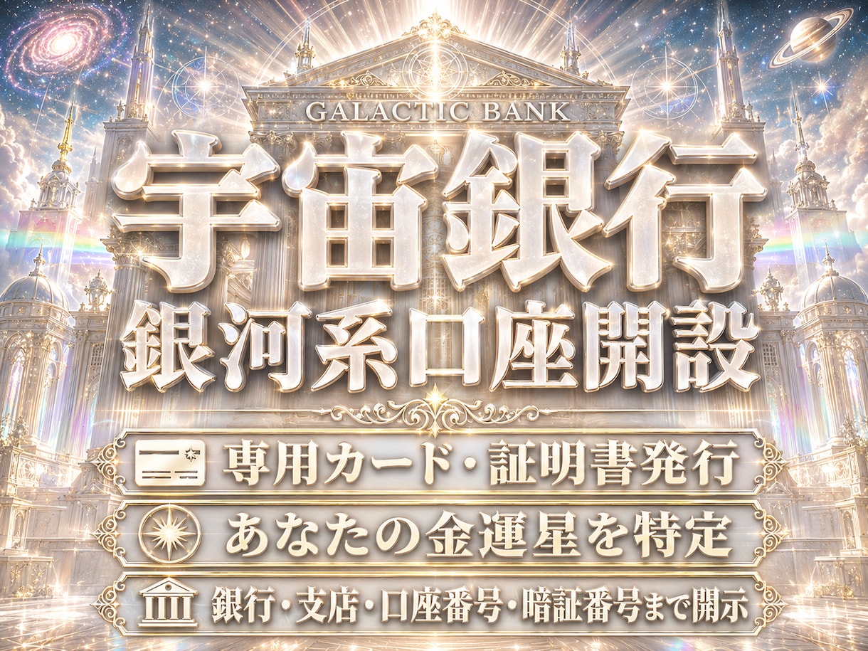 宇宙銀行の銀河星を特定し口座開設。金運開花させます 星名・銀行名・支店名・所在地・口座番号・暗証番号まで完全開示 イメージ1
