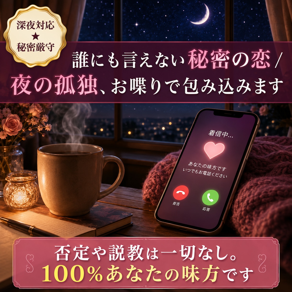 誰にも言えない不倫・秘密の恋…優しくお聞きします 【深夜も対応】不倫恋愛　否定なし。あなたの味方で寄り添います イメージ1