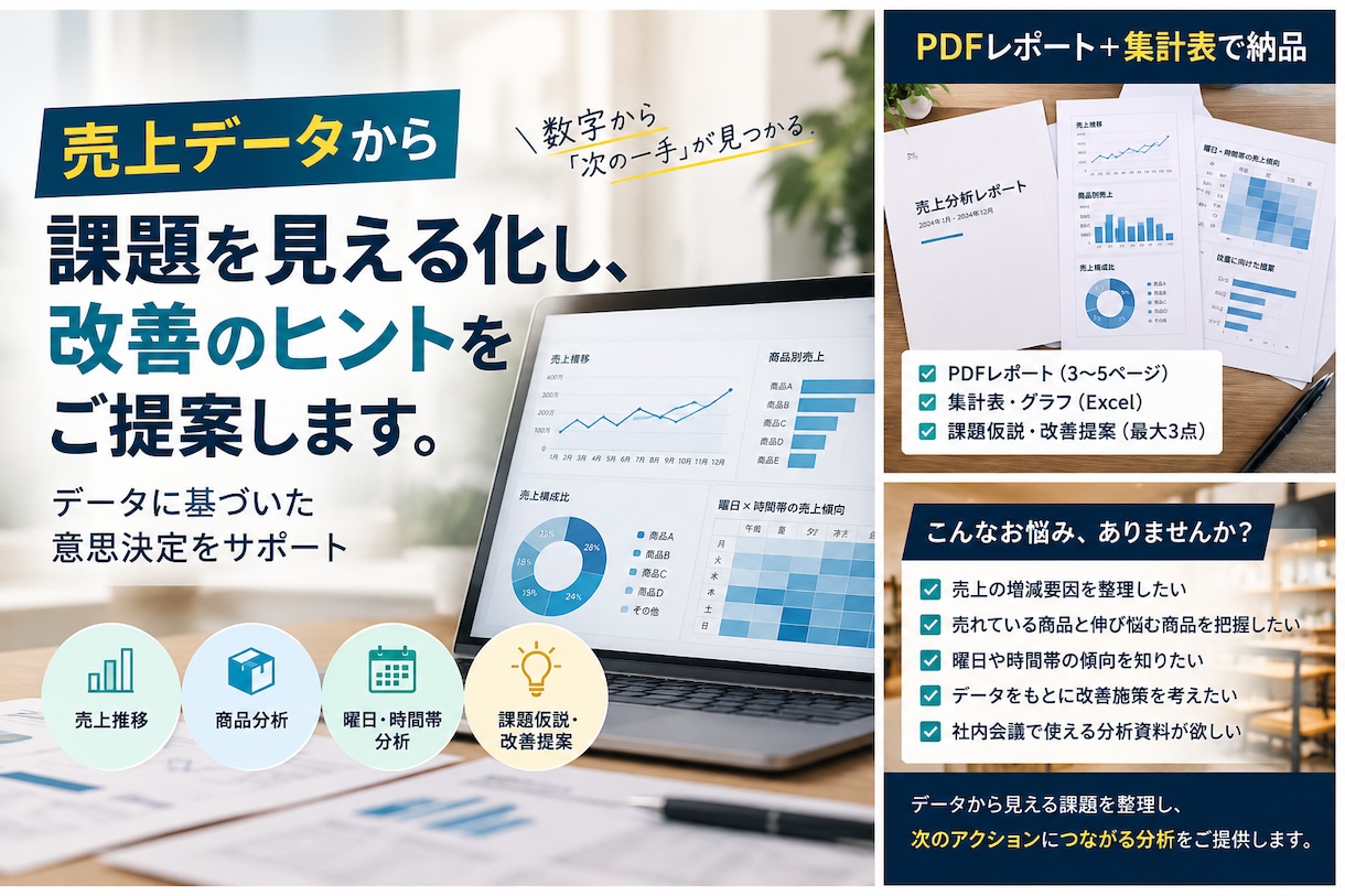 売上データを分析し改善のヒントを提案します 売上の傾向・課題・改善仮説をレポートにまとめます イメージ3