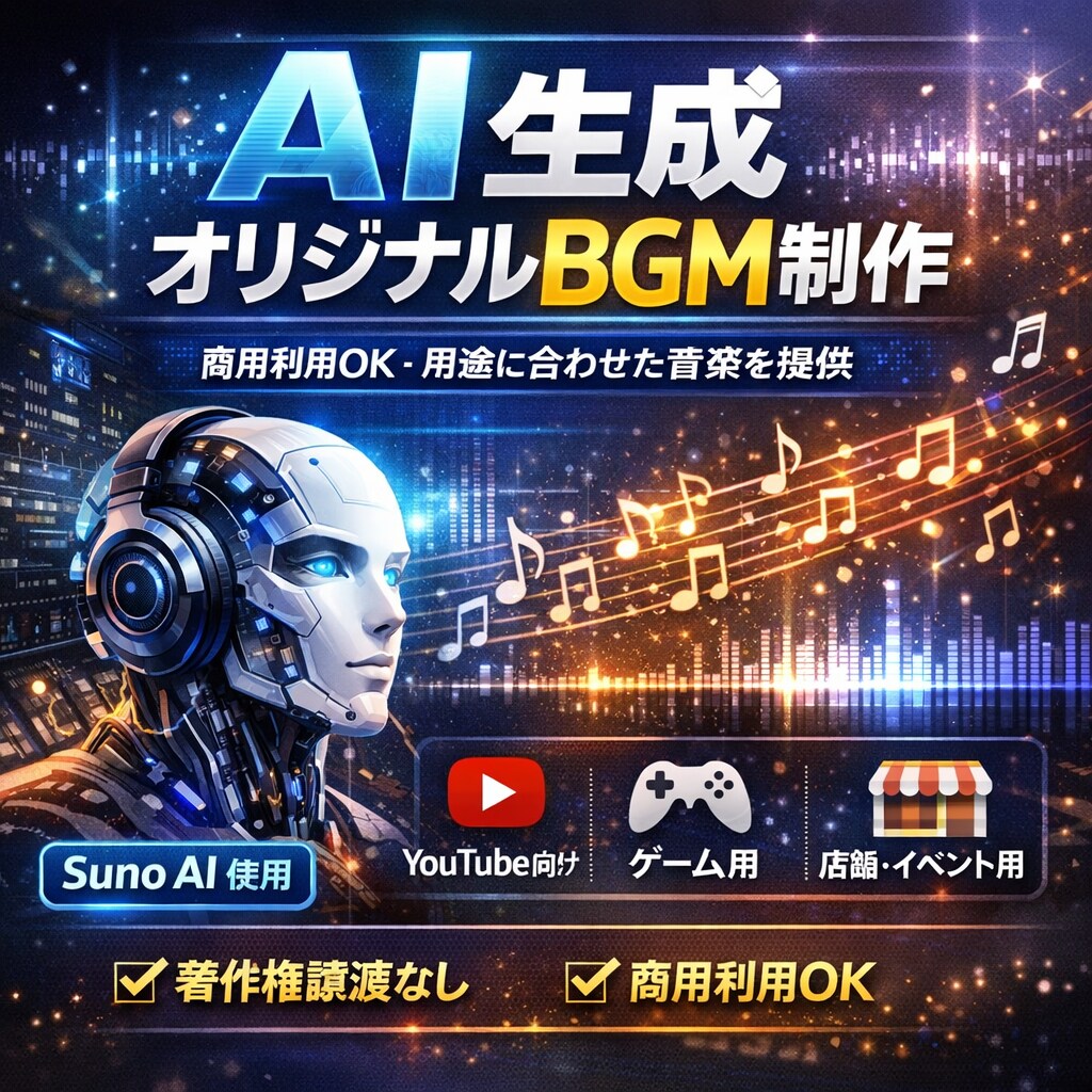 商用利用OK AI生成オリジナルBGMを制作します 商用利用OK｜用途に合わせたAI生成オリジナルBGM イメージ1