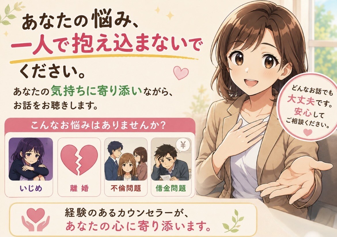 抱えている悩みや不安、愚痴をます ひとりで抱えなくて大丈夫。心が軽くなる糸口を探しましょう。 イメージ1