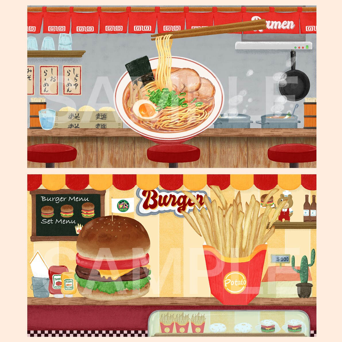 パクッと食べたくなる♪手描き食べ物イラスト描きます 背景やキャラクター追加も可能。店舗メニュー、SNS素材として イメージ7
