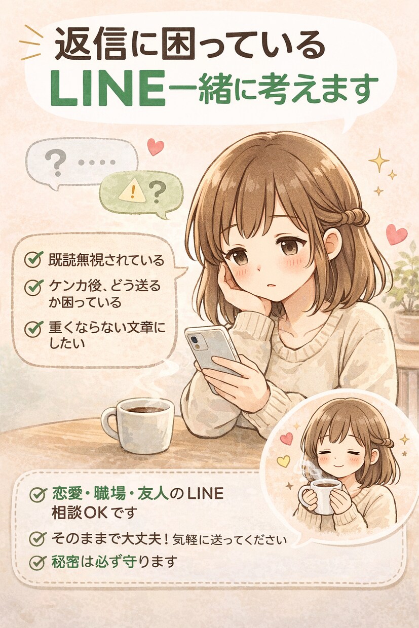 返信に困っているLINE一緒に考えます 恋愛・職場・友人のLINE相談OKです イメージ1