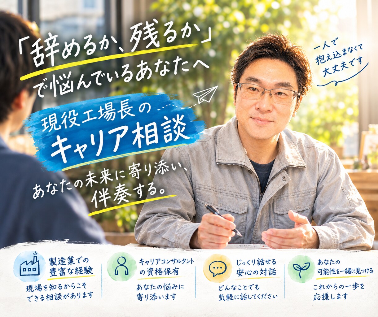 中小企業で働くあなたのお悩み、一緒に整理します 元銀行員→工場長。キャリアコンサルタントが伴走します！ イメージ1