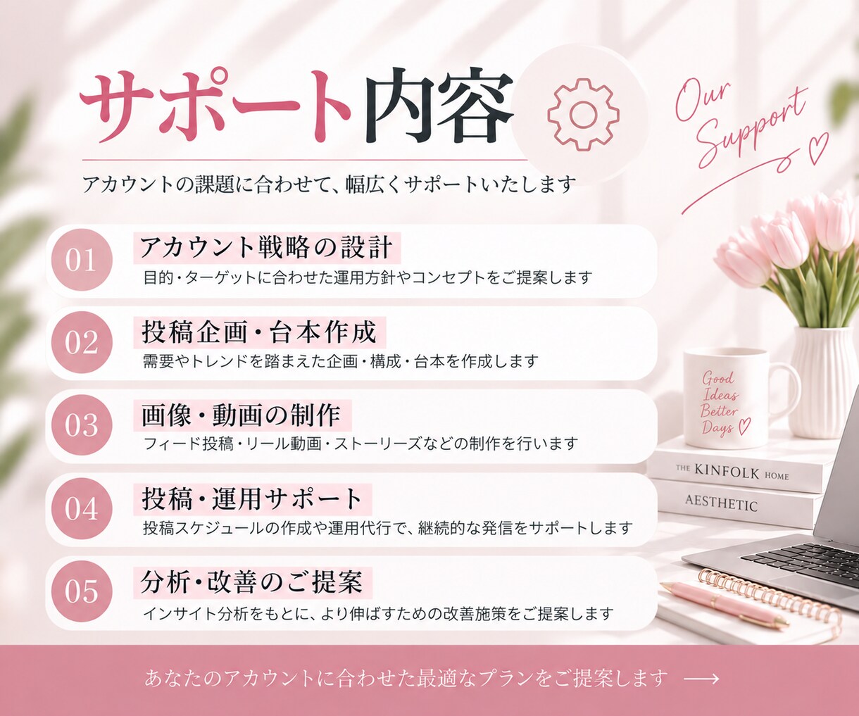 Instagram運用をまるごと代行します 企画・制作・投稿・分析まで一括でお任せいただけます イメージ3