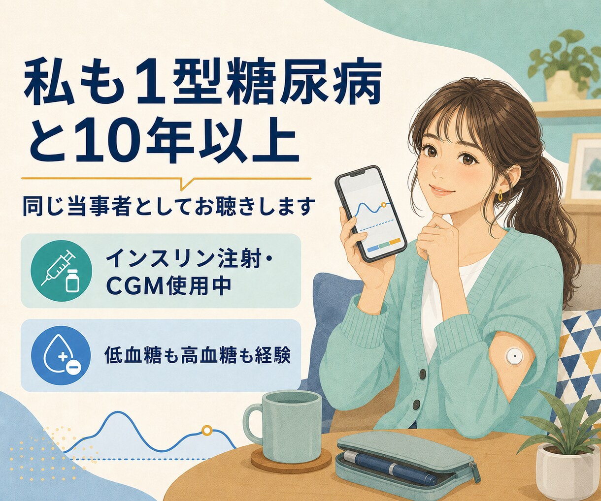 1型糖尿病歴10年以上の私があなたのお話を聴きます 1型糖尿病の不安や孤独を同じ当事者が受け止めます。 イメージ5