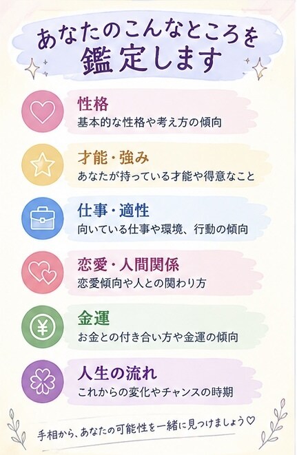 初めての手相占い♡性格・才能をやさしく鑑定します あなたの手相から、“自分でも気づいていない強み”を見つけます イメージ2