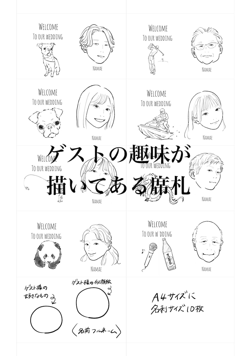 ゲストの喜ぶ席札(エスコートカード)描きます ゲストの似顔絵と好きなものを描いた席札で笑顔の溢れる結婚式♪ イメージ1