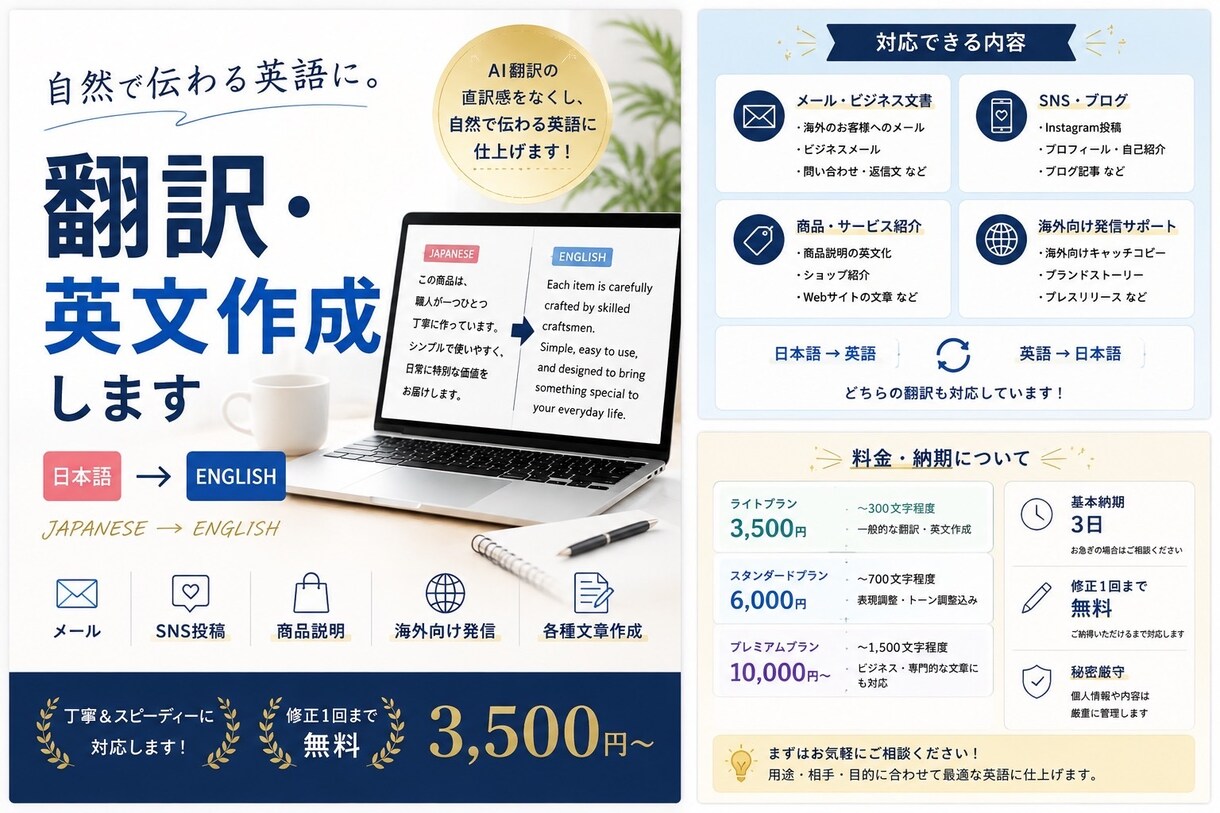 日本語を「自然で伝わる英語」にします 用途や相手に合わせて自然な表現に整えます。 イメージ3