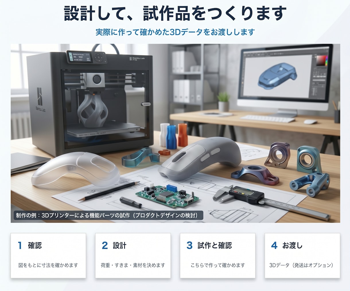 スケッチや図を3Dデータにし、試作品をつくります 実際に作って確かめた3Dデータをお渡しします イメージ1