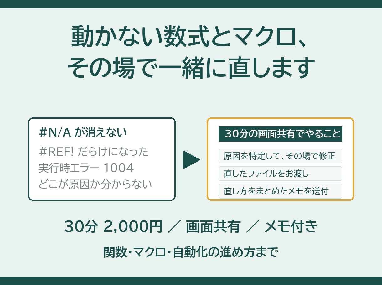 Excel関数・マクロの詰まりを画面共有で直します エラーで止まった数式やマクロを、その場で見ながら直します イメージ1
