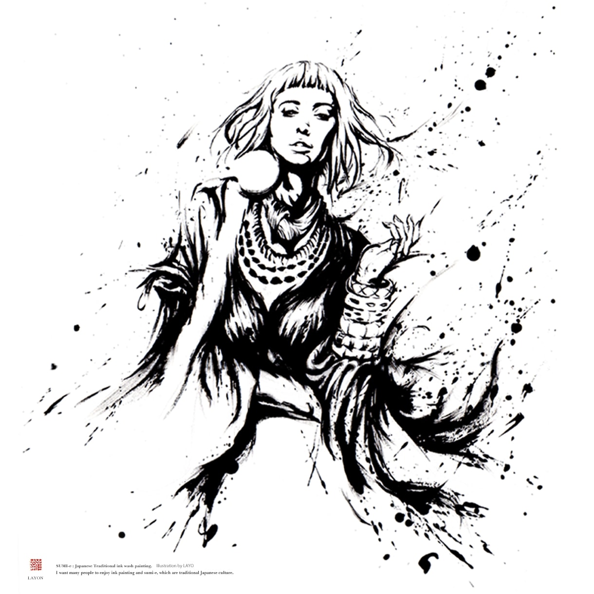 人物の【墨絵イラスト】を作画します 墨が放つ鮮やかなコントラスト。墨絵イラスト制作します。 イメージ5