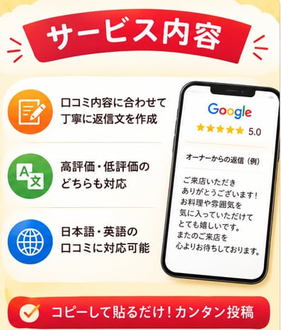 飲食店専門Google口コミ返信文10件作成します 高評価・低評価に対応。雰囲気に合わせた返信文を作成します。 イメージ3