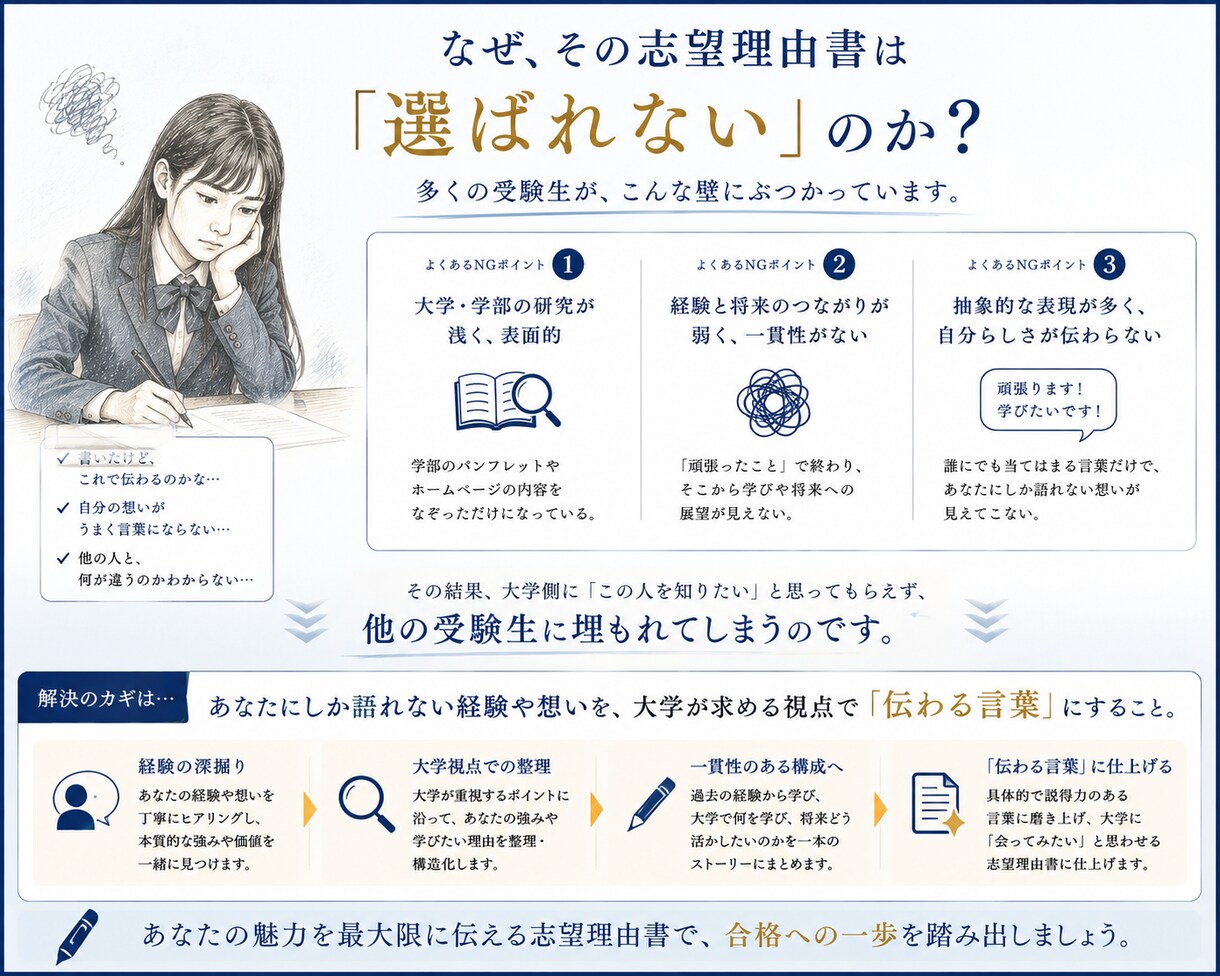 現役高校教員15年・志望理由書を本気で添削します 受験生自身も気づいていない 「選ばれる理由」を言語化します イメージ2
