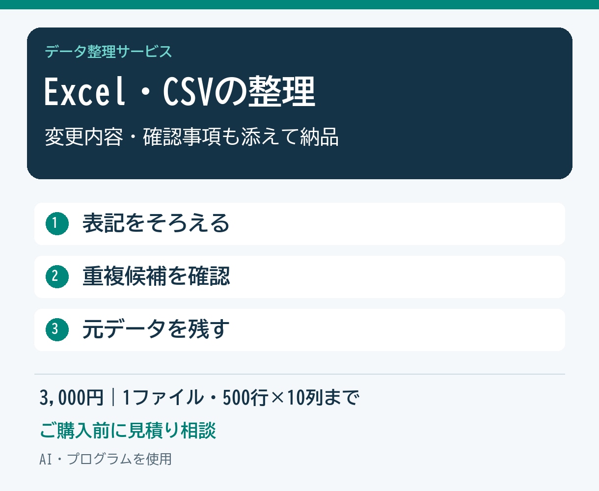 Excel・CSVの表記と重複を整理します 変更内容と確認事項を添えて、使いやすい表に整えます イメージ1
