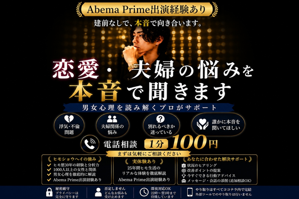 恋愛・夫婦の悩みに本音で答えます 建前なしで男女心理を読み解きます イメージ1