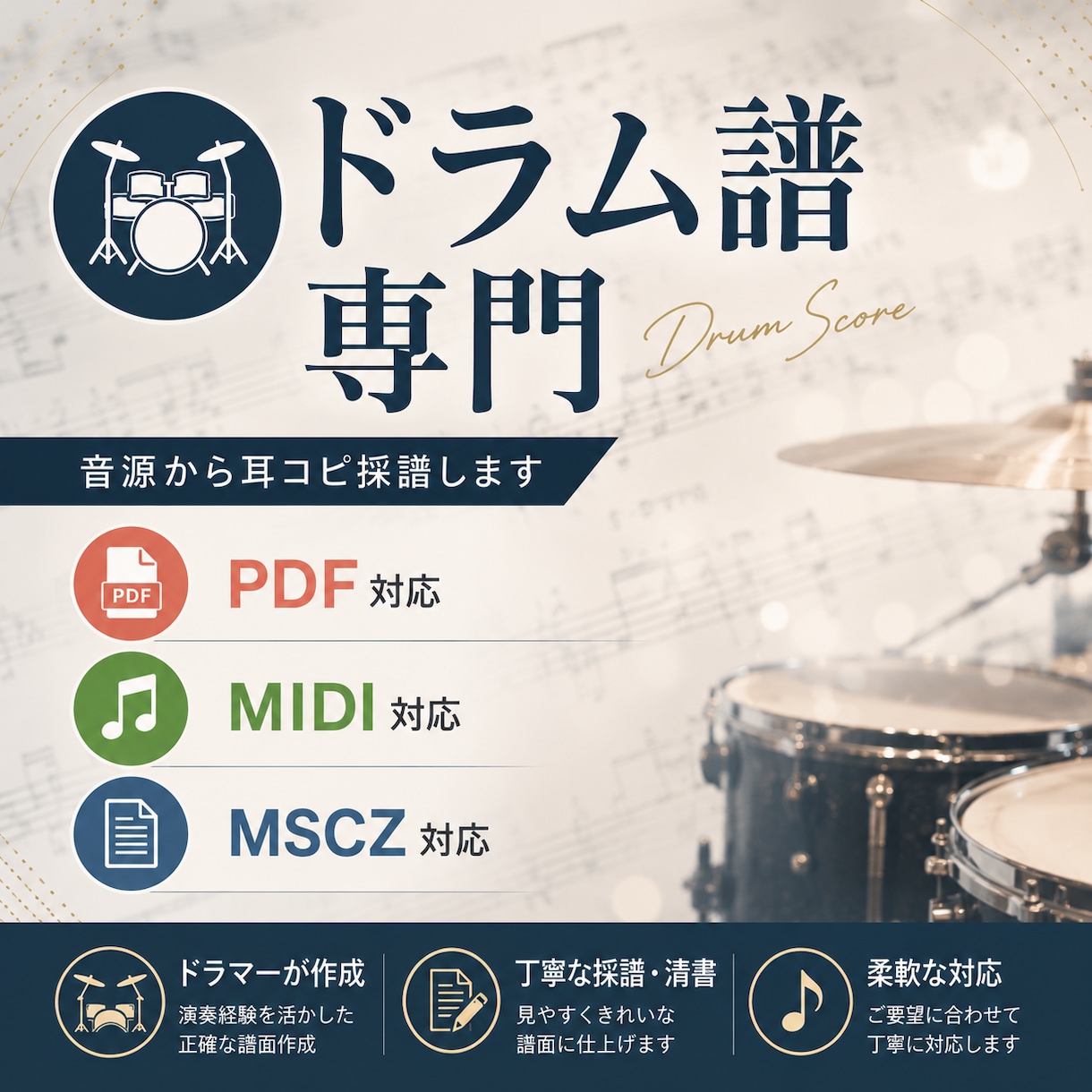 音源・動画から高品質なドラム譜を作成します バンド経験のあるドラマーが、演奏しやすさも考慮して採譜します イメージ1