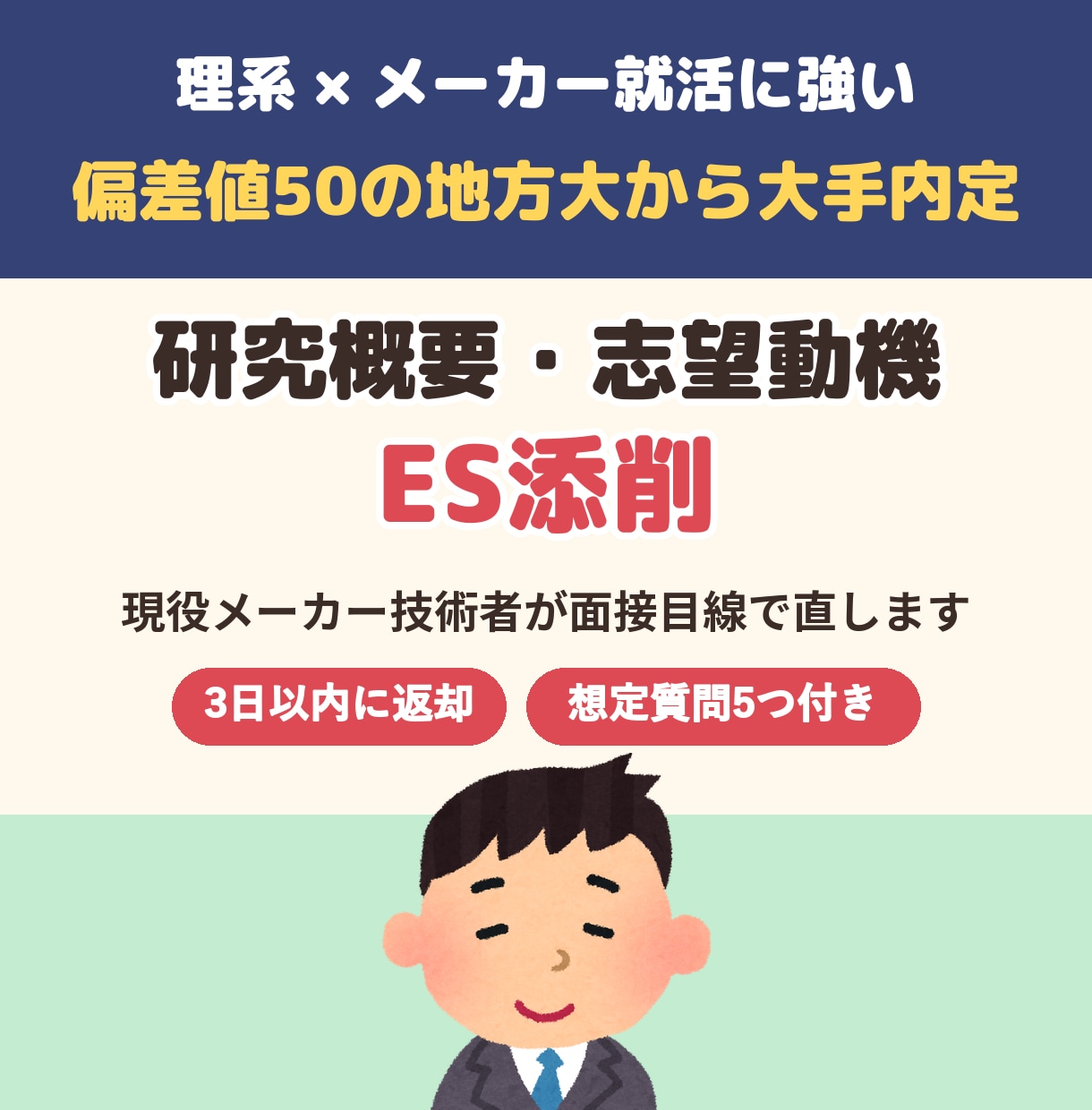 面接で崩れないESに。現役メーカー技術者が直します 偏差値50から大手メーカー面接全通過。理系の研究概要に強い イメージ1