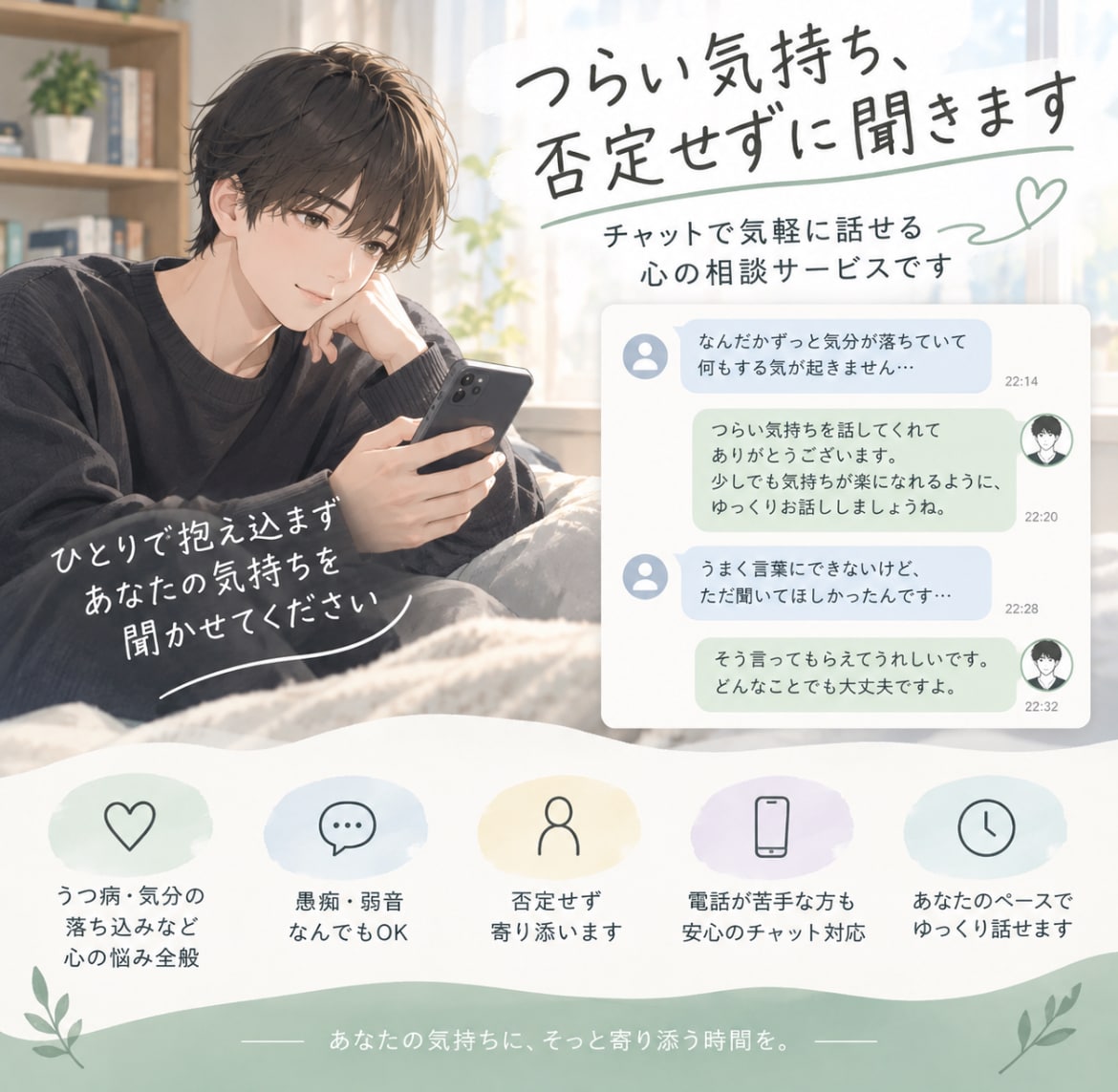 うつ病、精神疾患をお持ちの方の話し相手になります うつ病の僕が同じような悩みを持つ人の助けになれればと思います イメージ1