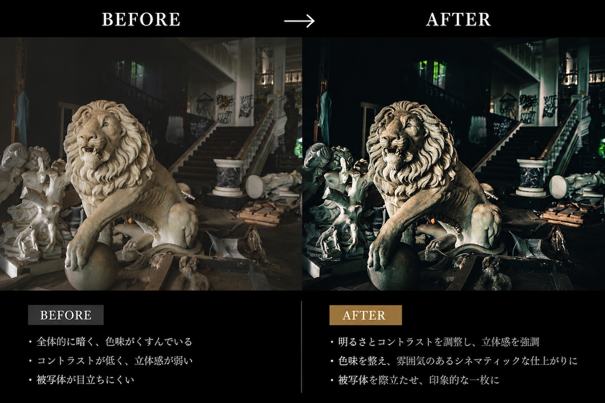 雰囲気のあるシネマティック写真へ編集します あなたの写真を印象に残る一枚へ。 イメージ2
