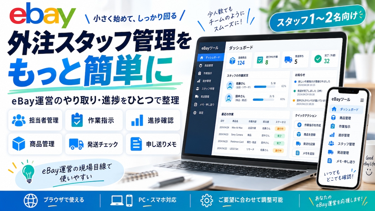 eBayセラー向け専用管理ツールを構築・納品します スタッフ1〜2名のeBay外注管理をシンプルに効率化します イメージ2