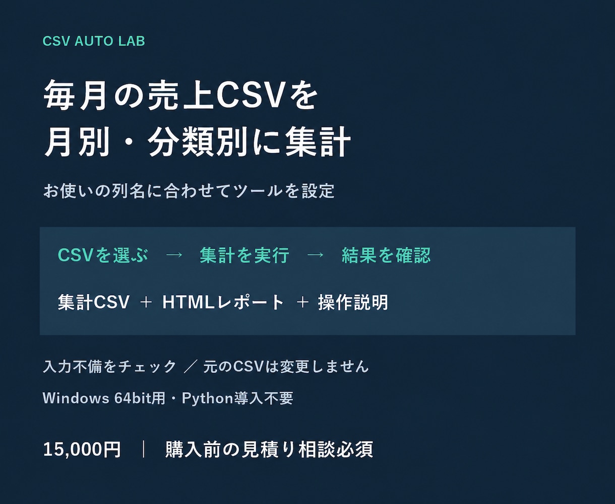 毎月の売上CSV集計を専用ツールで自動化します CSVを選ぶだけ。Python導入不要のWindows版 イメージ1