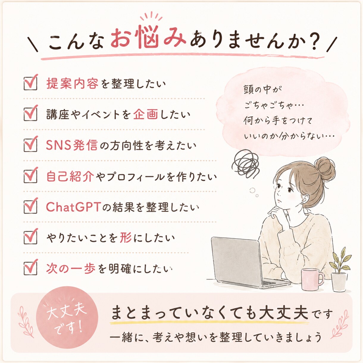 頭の中を整理し伝わる言葉にします 企画・提案・発信前のモヤモヤを整理し、伝わる形に整えます イメージ2