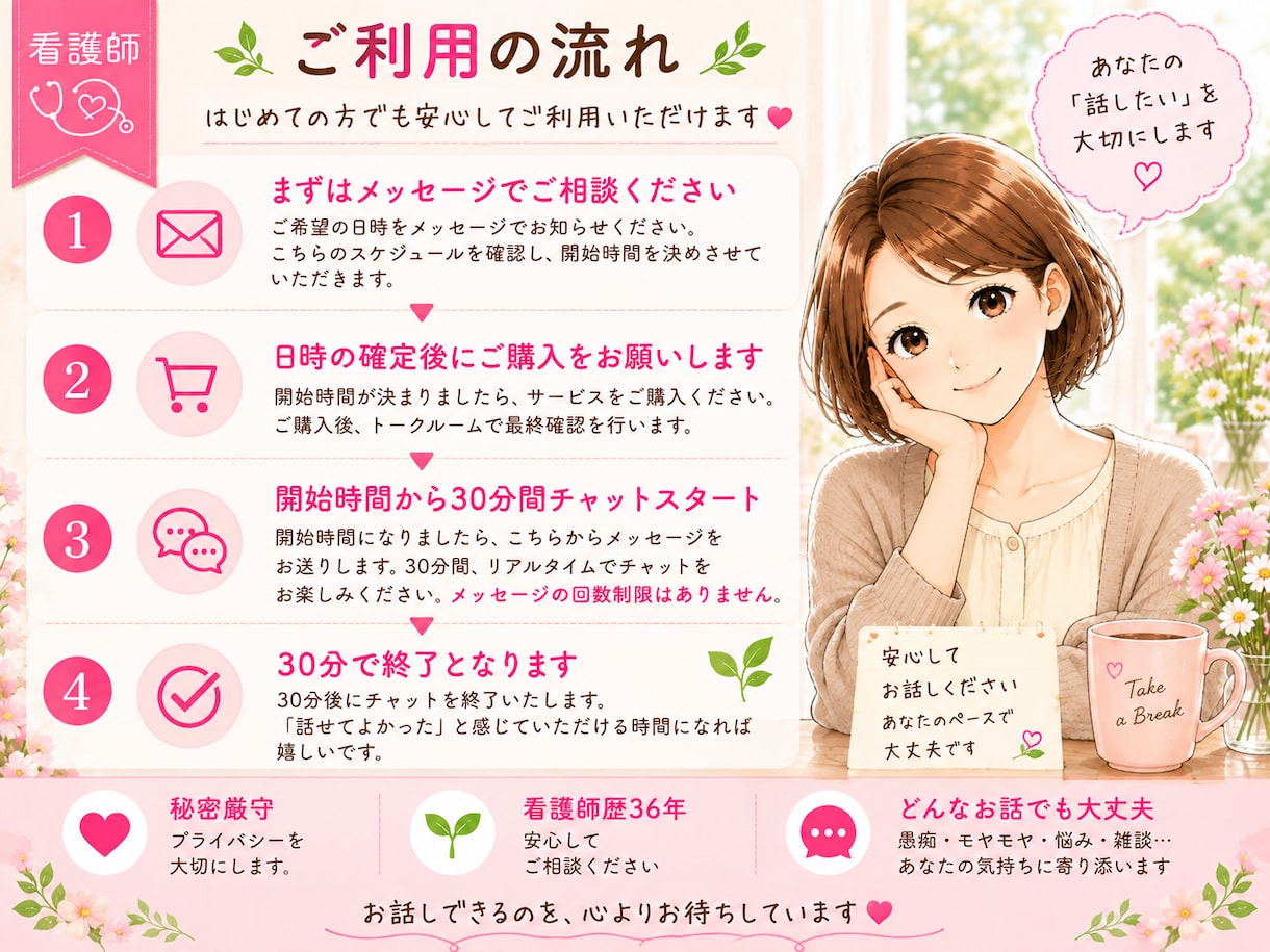 30分チャット♪看護師があなたのお話を聴きます 愚痴・モヤモヤ・雑談も◎今ちょっと誰かと話したい時に イメージ2