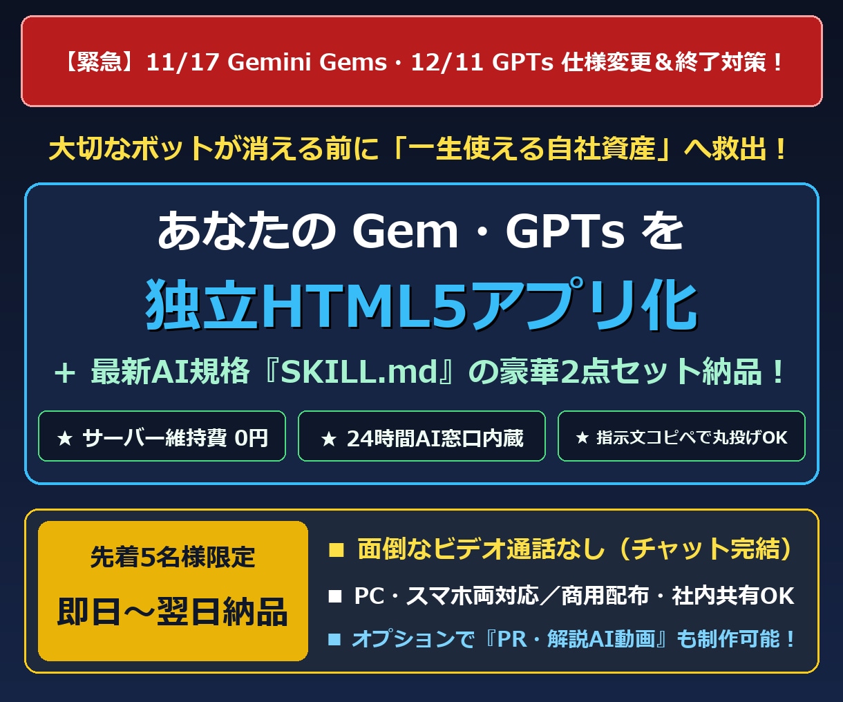 GemやGPTsを独立HTMLアプリに変換します 仕様変更対策！サーバー費0円の一生使える自社ツールへ即日救出 イメージ1