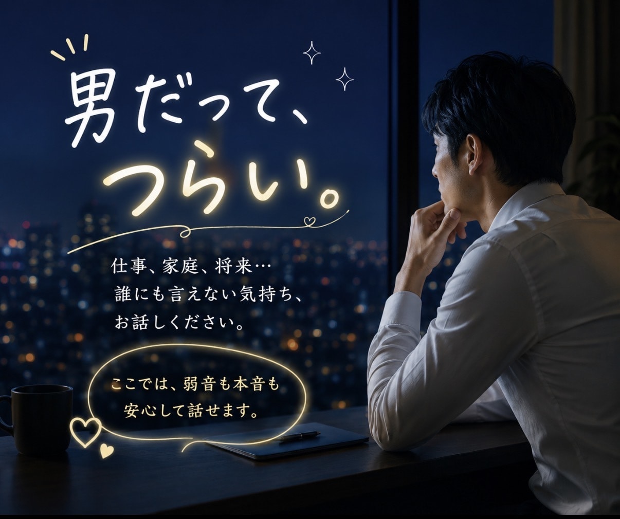 男性限定♡本音も弱音も安心して話せます 仕事、家庭、恋愛、性の悩み…。一人で抱え込まなくて大丈夫。 イメージ5