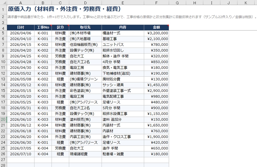 工事台帳Excelで工事別の粗利と未入金を出します 工事100件入り。請求漏れ・工事経歴書の下書きも イメージ4