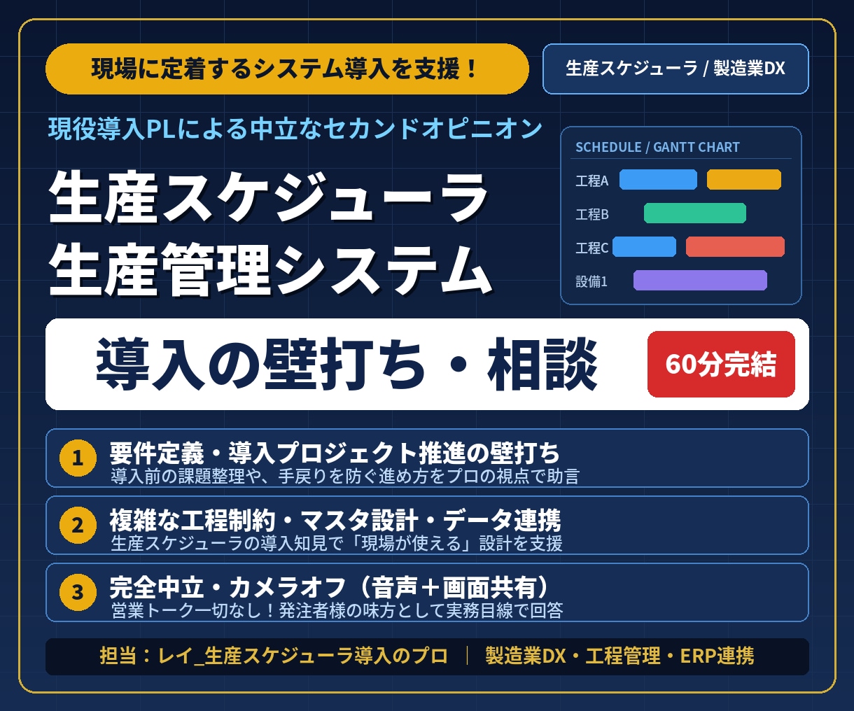 生産スケジューラ・管理システム導入の相談乗ります 数千万円の失敗を防ぐ！現役導入PLによるセカンドオピニオン イメージ1