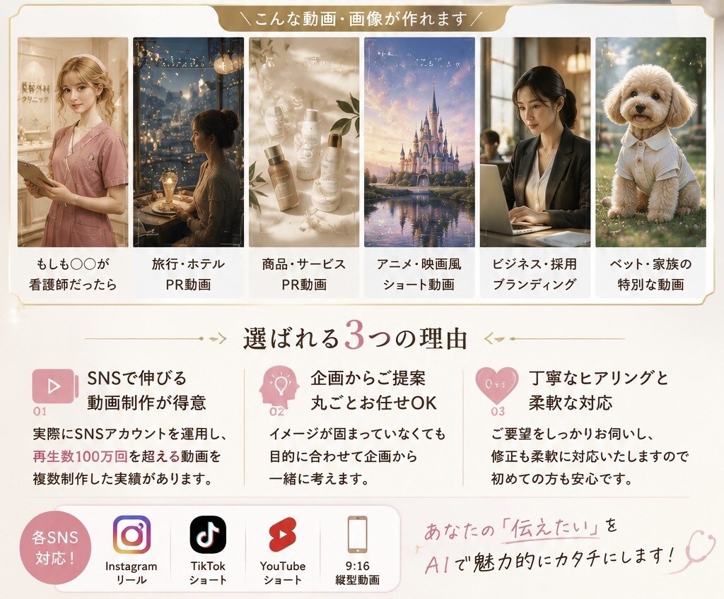 SNSで目を惹くAI画像・AI動画を制作します AIで想いを形にします！｜リール・TikTok・PRにも対応 イメージ2