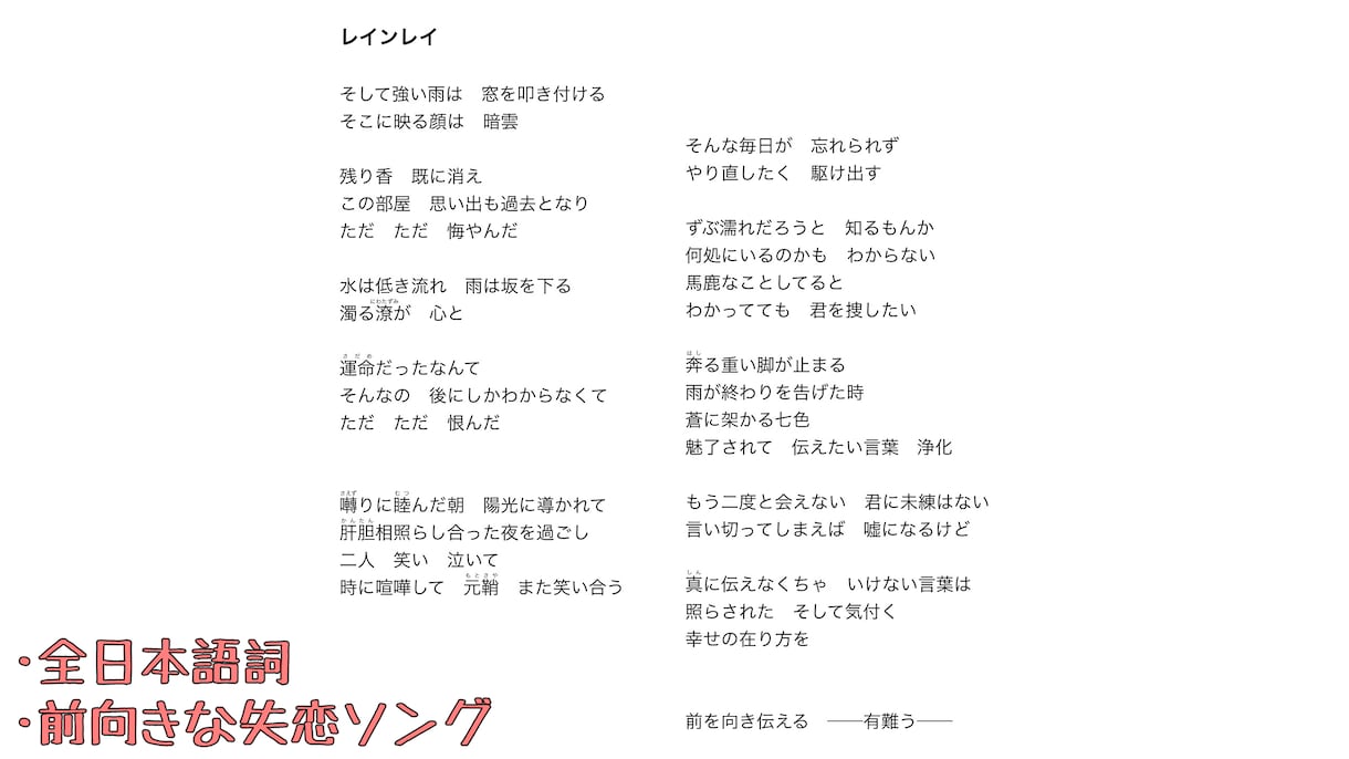 創作小説家が、様々なジャンル対応の歌詞を書きます 聴けば情景が浮かぶような歌詞から、言葉遊び、ラップまで対応！ イメージ3