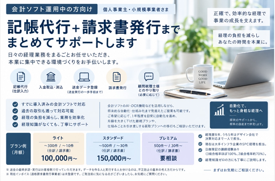 会計ソフト運用中向け：経理をまとめて代行します 職員採用より身軽に。経理社員をまるごと外注！ イメージ1