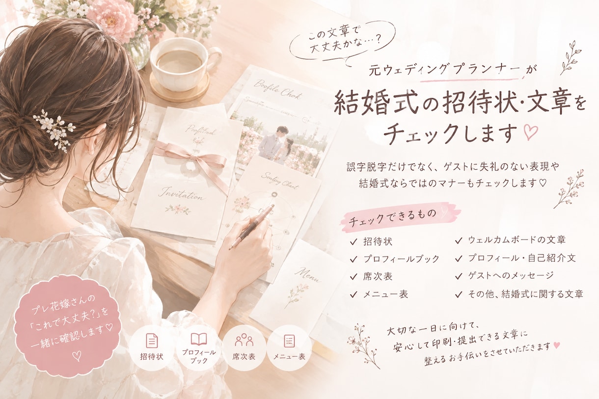 結婚式の招待状・プロフィール・文章の添削します 不安な文章をと元プランナーがチェックします！ イメージ1