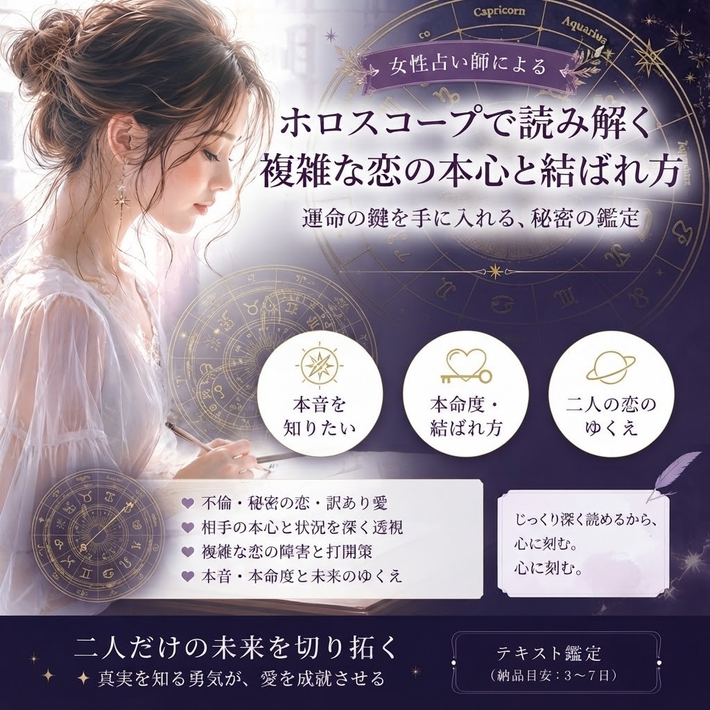 ホロスコープで複雑な恋の本心と結ばれ方を占います 不倫・秘密の恋・訳あり愛・本音・本命度と恋のゆくえを徹底攻略 イメージ1
