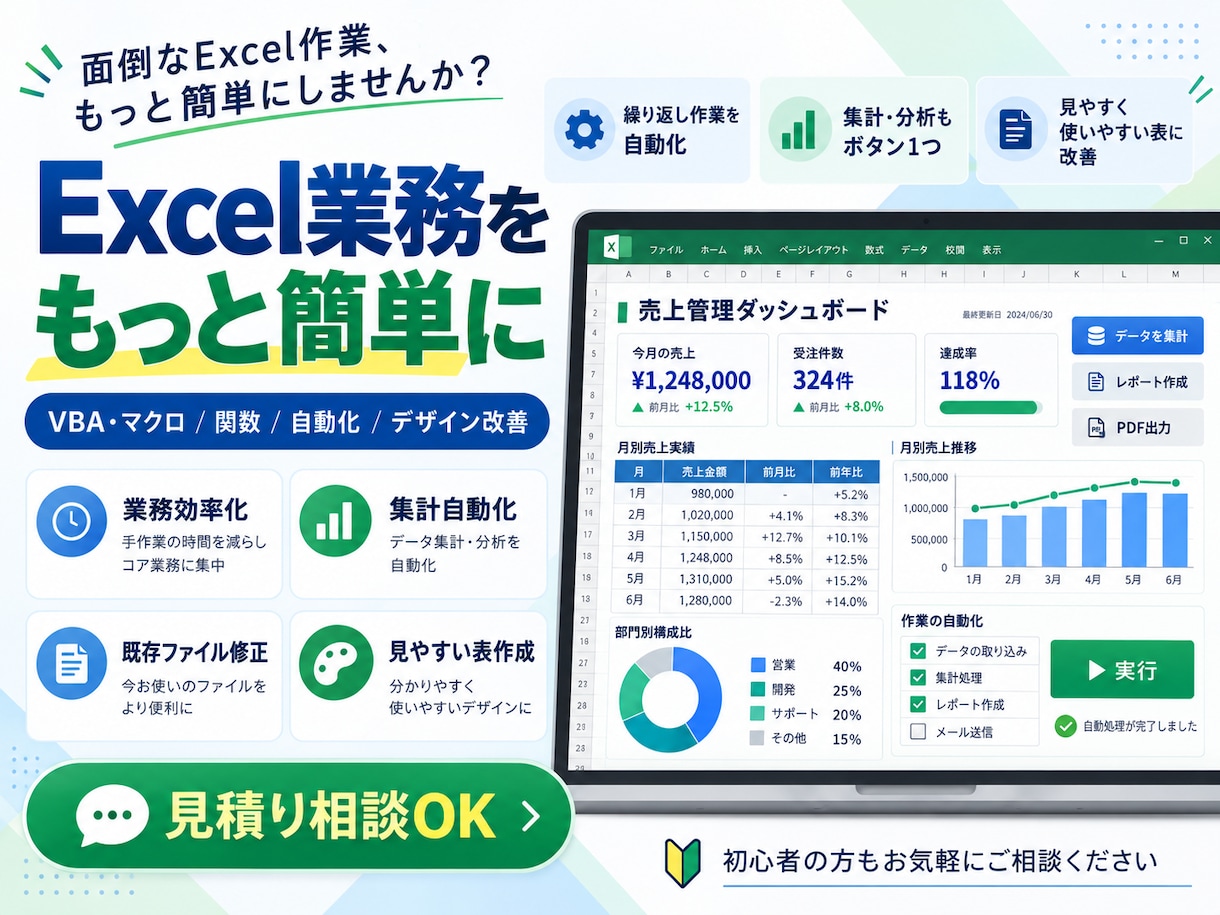 Excelのマクロ・関数・資料作成を代行します 面倒なExcel作業を使いやすく自動化・改善 イメージ1
