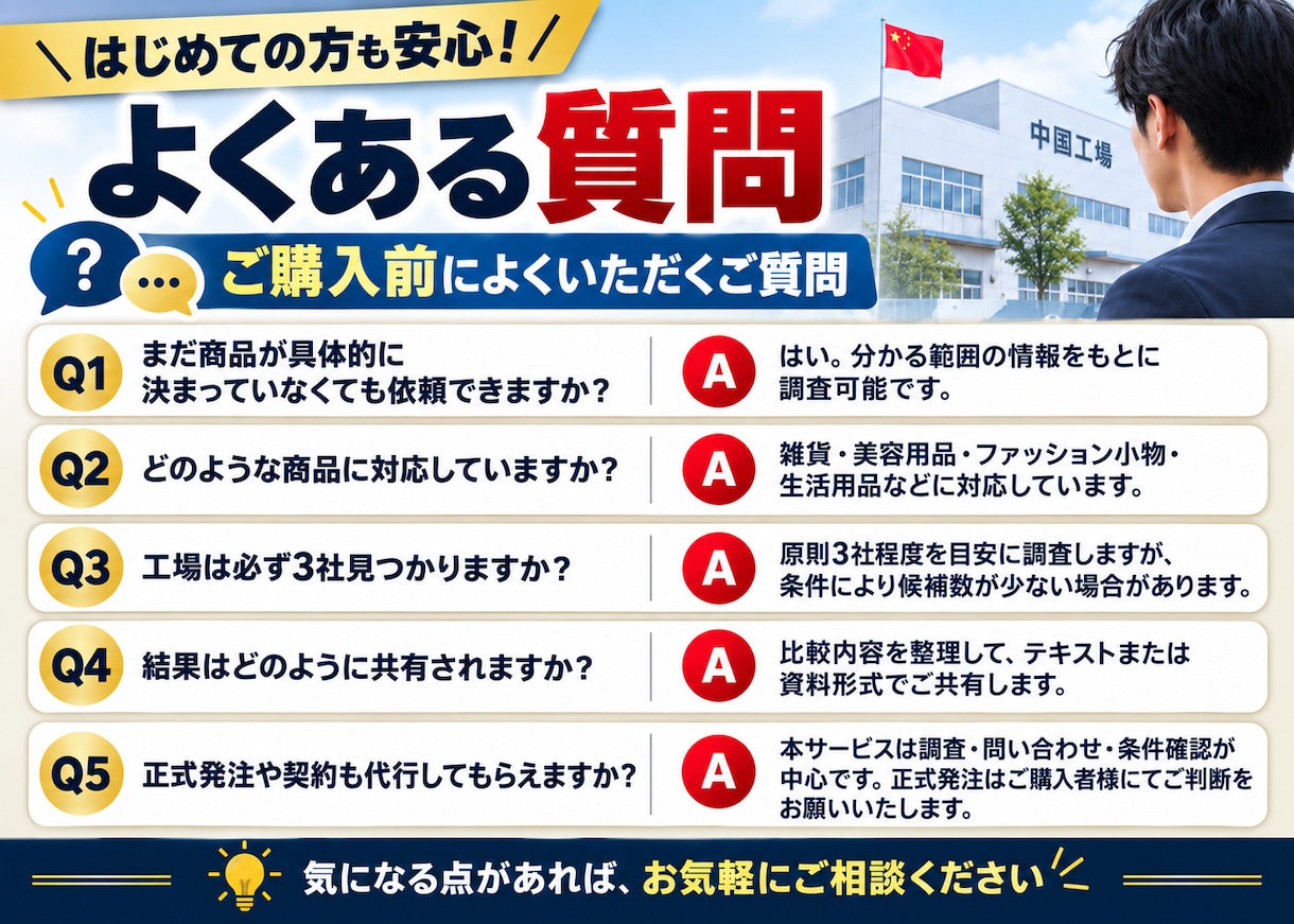 中国OEM工場を調査・比較します 希望条件に合う中国OEM工場を調査し、MOQ・価格・納期など イメージ4
