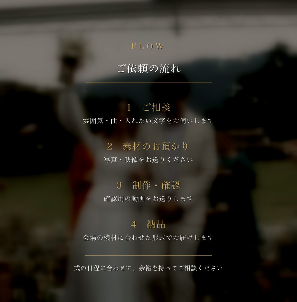 映画・TVCMの編集者が結婚式ムービーを作ります 写真だけでも、映画のような一本に仕上げます イメージ5