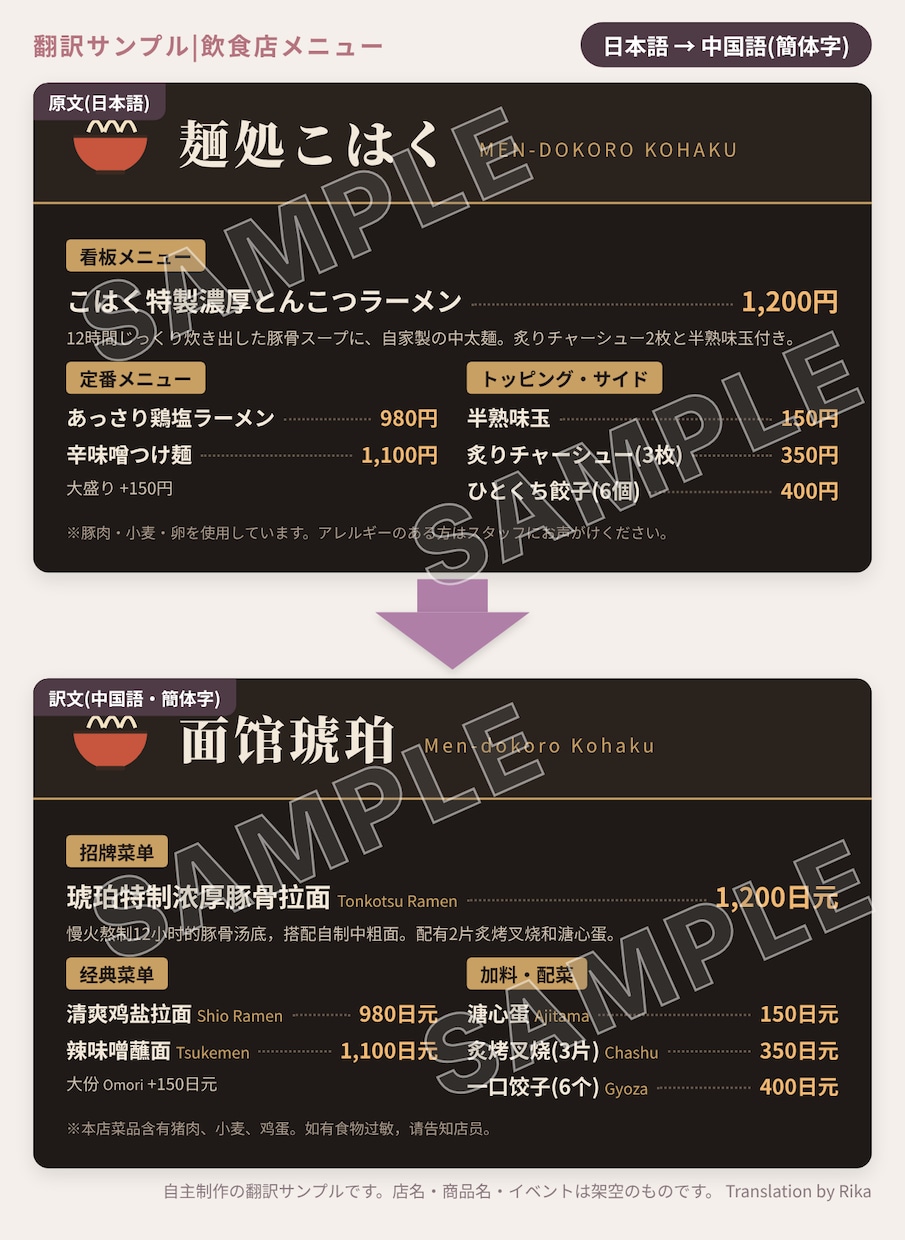 飲食店メニューを伝わる中国語に翻訳します 料理名のローマ字併記・お通しの説明まで対応 イメージ3